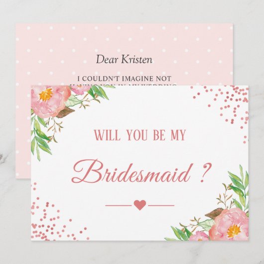 Roze Confetti Floral zal je mijn Bridesmaid zijn Kaart (Voorkant / Achterkant)