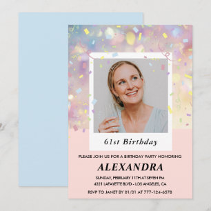 Roze Confetti Foto uitnodigingen 61e verjaardag