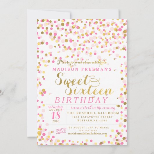 Roze Confetti Gold Foil Sweet 16 Birthday Party Kaart (Voorkant)