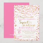 Roze Confetti Gold Foil Sweet 16 Birthday Party Kaart (Voorkant / Achterkant)