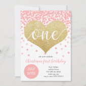 Roze Confetti Gold Heart ONE Girl Eerste Verjaarda Kaart (Voorkant)