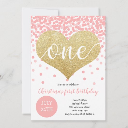 Roze Confetti Gold Heart ONE Girl Eerste Verjaarda Kaart (Voorkant)