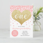 Roze Confetti Gold Heart ONE Girl Eerste Verjaarda Kaart (Staand voorkant)