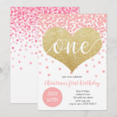 Roze Confetti Gold Heart ONE Girl Eerste Verjaarda Kaart (Voorkant / Achterkant)