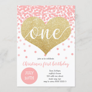 Roze Confetti Gold Heart ONE Girl Eerste Verjaarda Kaart