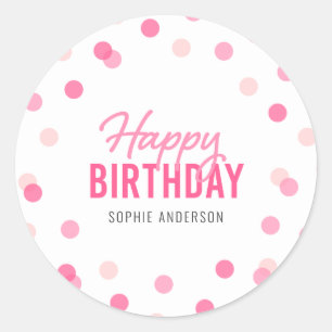 Roze Confetti Happy Birthday Ronde Sticker