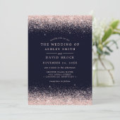 Roze Confetti Navy Blauwe Trouw Uitnodiging (Staand voorkant)