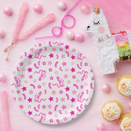 Roze Confetti Papieren Bordje (Feest)