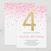 Roze Confetti Party Gold Number Girl 4e verjaardag Kaart (Voorkant / Achterkant)