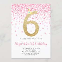 Roze Confetti Party Gold Number Girl 6e verjaardag Kaart