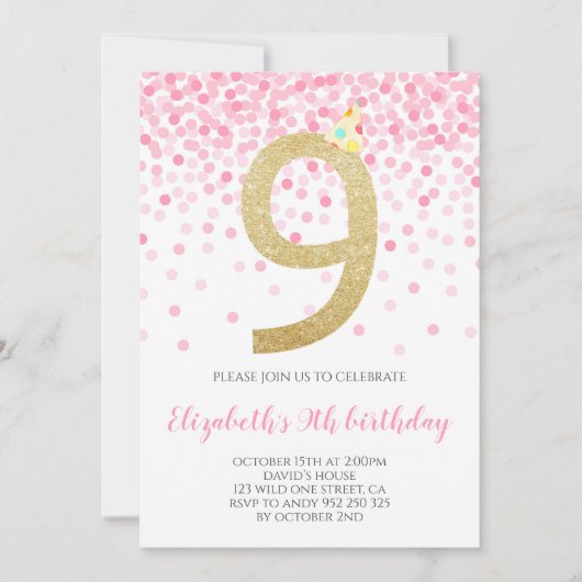 Roze Confetti Party Gold Nummer Meisje 9e Verjaard Kaart (Voorkant)