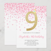 Roze Confetti Party Gold Nummer Meisje 9e Verjaard Kaart (Voorkant / Achterkant)