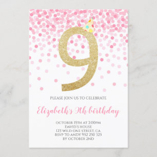 Roze Confetti Party Gold Nummer Meisje 9e Verjaard Kaart
