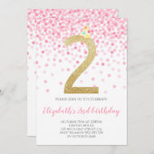 Roze Confetti Party Gouden Nummer Meisje 2e Verjaa Kaart (Voorkant / Achterkant)