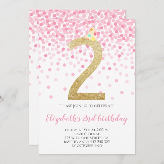 Roze Confetti Party Gouden Nummer Meisje 2e Verjaa Kaart (Voorkant / Achterkant)