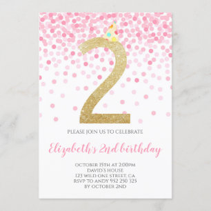 Roze Confetti Party Gouden Nummer Meisje 2e Verjaa Kaart