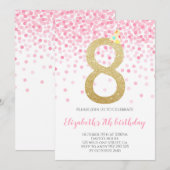 Roze Confetti Party Gouden Nummer Meisje 8e Verjaa Kaart (Voorkant / Achterkant)