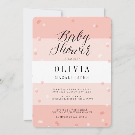 Roze confetti strepen meisje baby shower uitnodigi kaart (Voorkant)