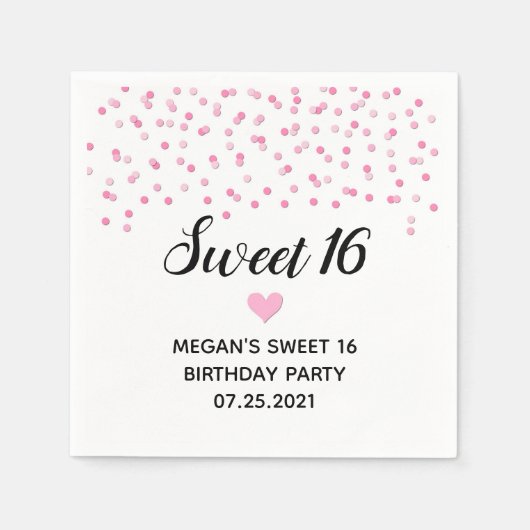Roze Confetti Sweet 16 Verjaardag Servet (Voorkant)