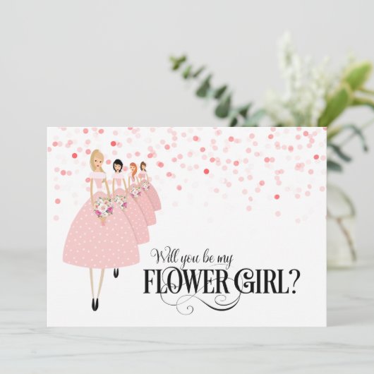 Roze Confetti zal je mijn Bloemenmeisje zijn Kaart (Staand voorkant)