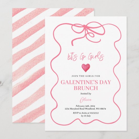 Roze Conquette Handgetrokken Meisje's Galentijnse  Kaart (Voorkant / Achterkant)