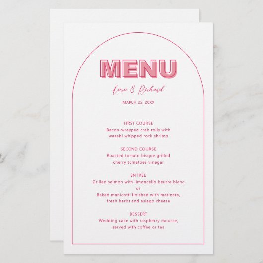 Roze contouren Vet Type bruiloft, menukaart (Voorkant / Achterkant)