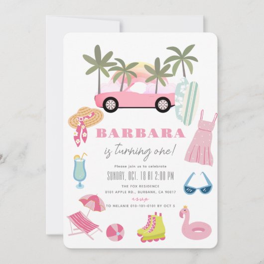 Roze Convertible Palm Tree Meisje 1e Verjaardag Kaart (Voorkant)