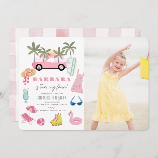Roze Convertible Palm Tree Meisje Verjaardag Foto Kaart (Voorkant / Achterkant)