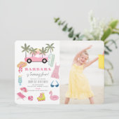 Roze Convertible Palm Tree Meisje Verjaardag Foto Kaart (Staand voorkant)