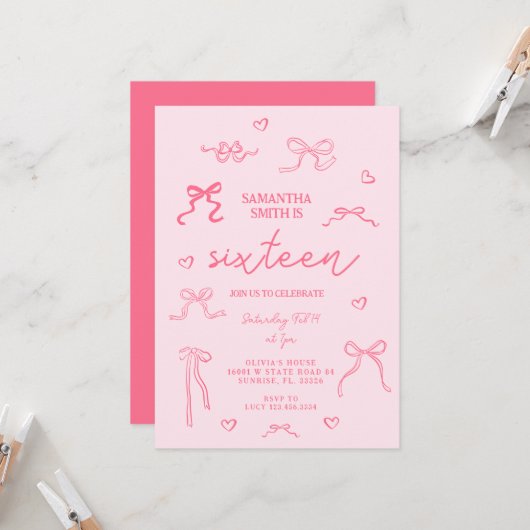 Roze Coquette 16e verjaardagsfeestje Kaart (Voorkant / Achterkant in situ)
