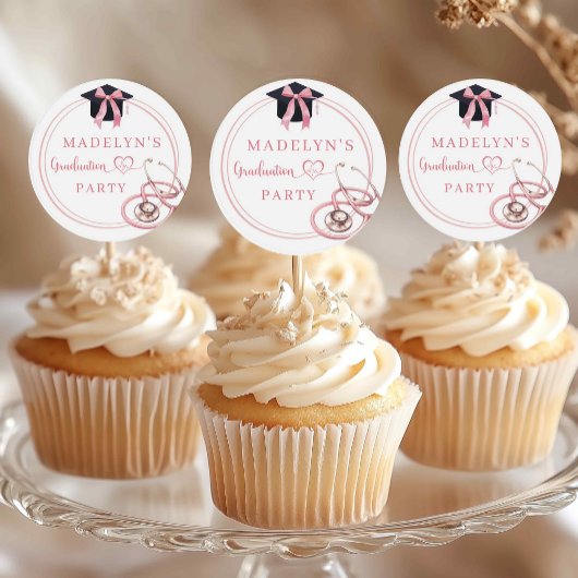 Roze Coquette Afstuderen Nurse Cupcake Topper Ronde Sticker