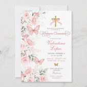 Roze Coquette Bloemen Vlinder Eerste Communie Kaart (Voorkant)