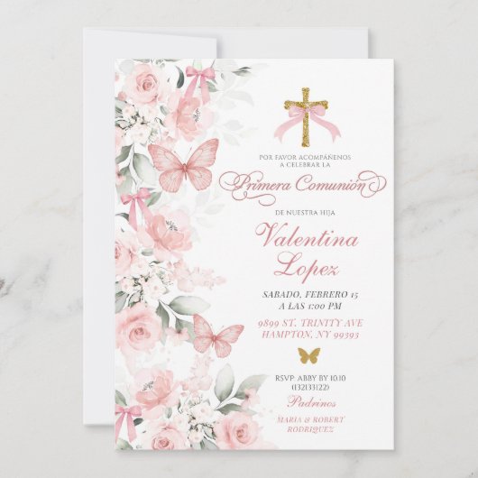 Roze Coquette Bloemen Vlinder Eerste Communie Kaart (Voorkant)