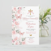 Roze Coquette Bloemen Vlinder Eerste Communie Kaart (Staand voorkant)