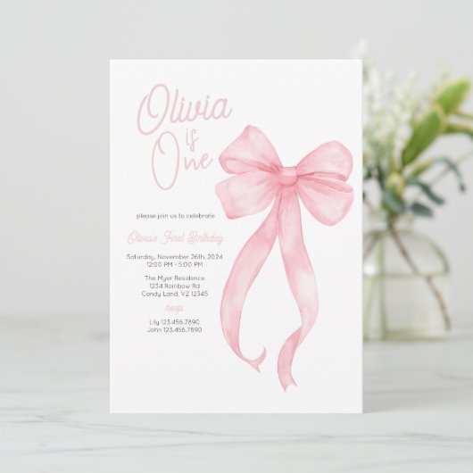 Roze Coquette Boog Eerste Verjaardag Uitnodiging (Staand voorkant)