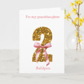 Roze Coquette Boog en Gouden Glitter 2e Verjaardag Kaart (Gele Bloem)