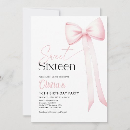 Roze Coquette Bow 16e verjaardag uitnodiging (Voorkant)