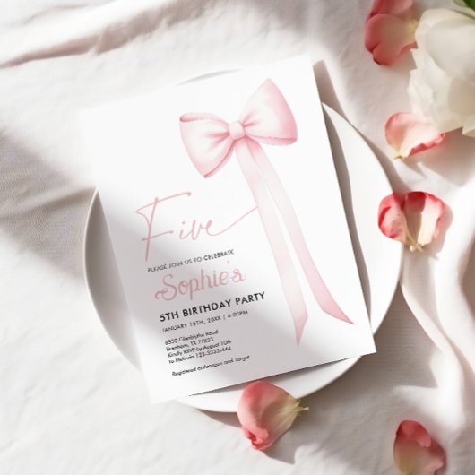 Roze Coquette Bow 5e verjaardag uitnodiging
