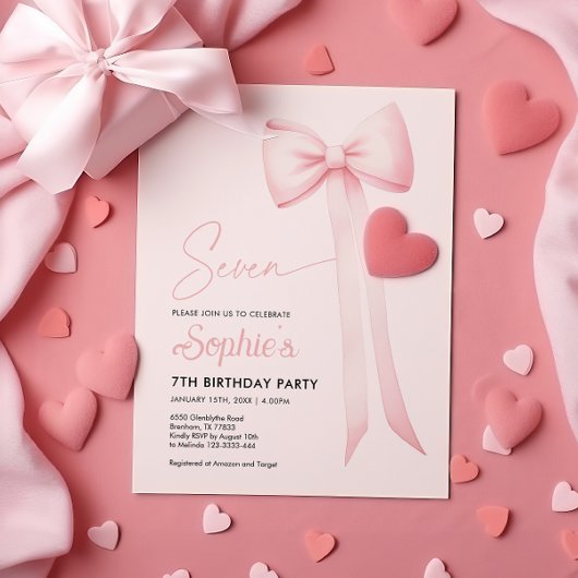 Roze Coquette Bow 7e verjaardag Uitnodiging
