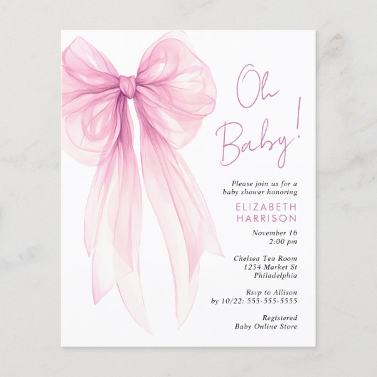 Roze Coquette Bow Baby Girl Douche Uitnodiging (Voorkant)