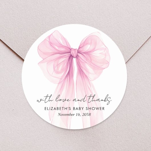 Roze Coquette Bow Baby Meisje Douche Dank u Ronde Sticker