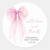 Roze Coquette Bow Baby Meisje Douche Dank u Ronde Sticker (Voorkant)
