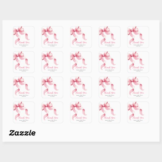 Roze Coquette Bow Baby shower Bedankt Vierkante Sticker (Vel)