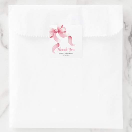 Roze Coquette Bow Baby shower Bedankt Vierkante Sticker (Tas)
