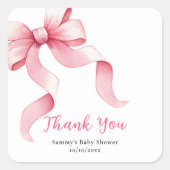 Roze Coquette Bow Baby shower Bedankt Vierkante Sticker (Voorkant)