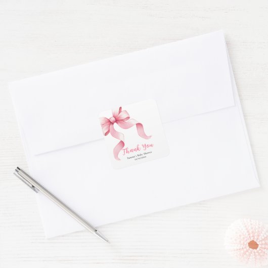 Roze Coquette Bow Baby shower Bedankt Vierkante Sticker (Envelop)