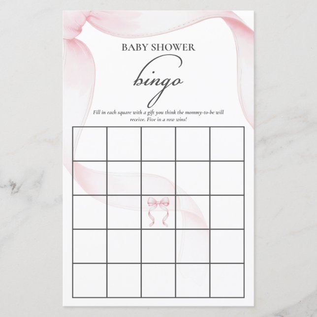 Roze Coquette Bow Baby shower Bingo spel (Voorkant)