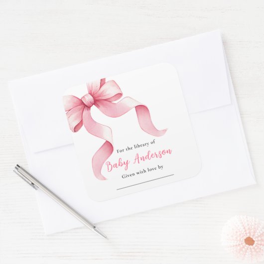 Roze Coquette Bow Baby shower Bookplate Vierkante Sticker (Envelop)