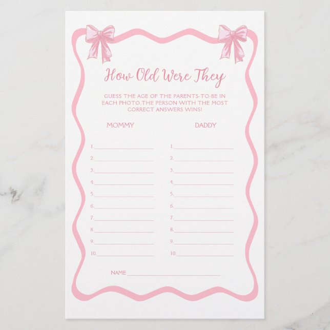 Roze Coquette Bow Baby shower Guess The Age spel (Voorkant)