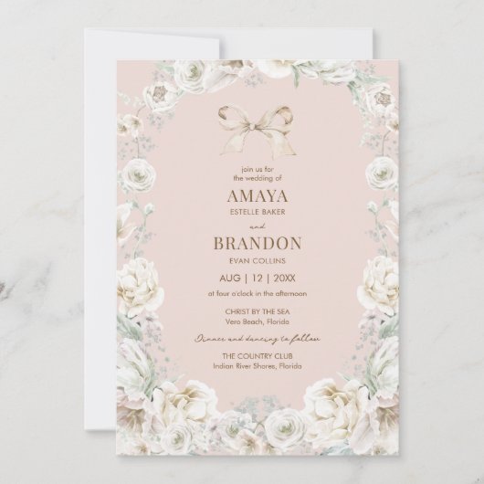 Roze Coquette Bow Bloemen Huwelijksuitnodiging Kaart (Voorkant)